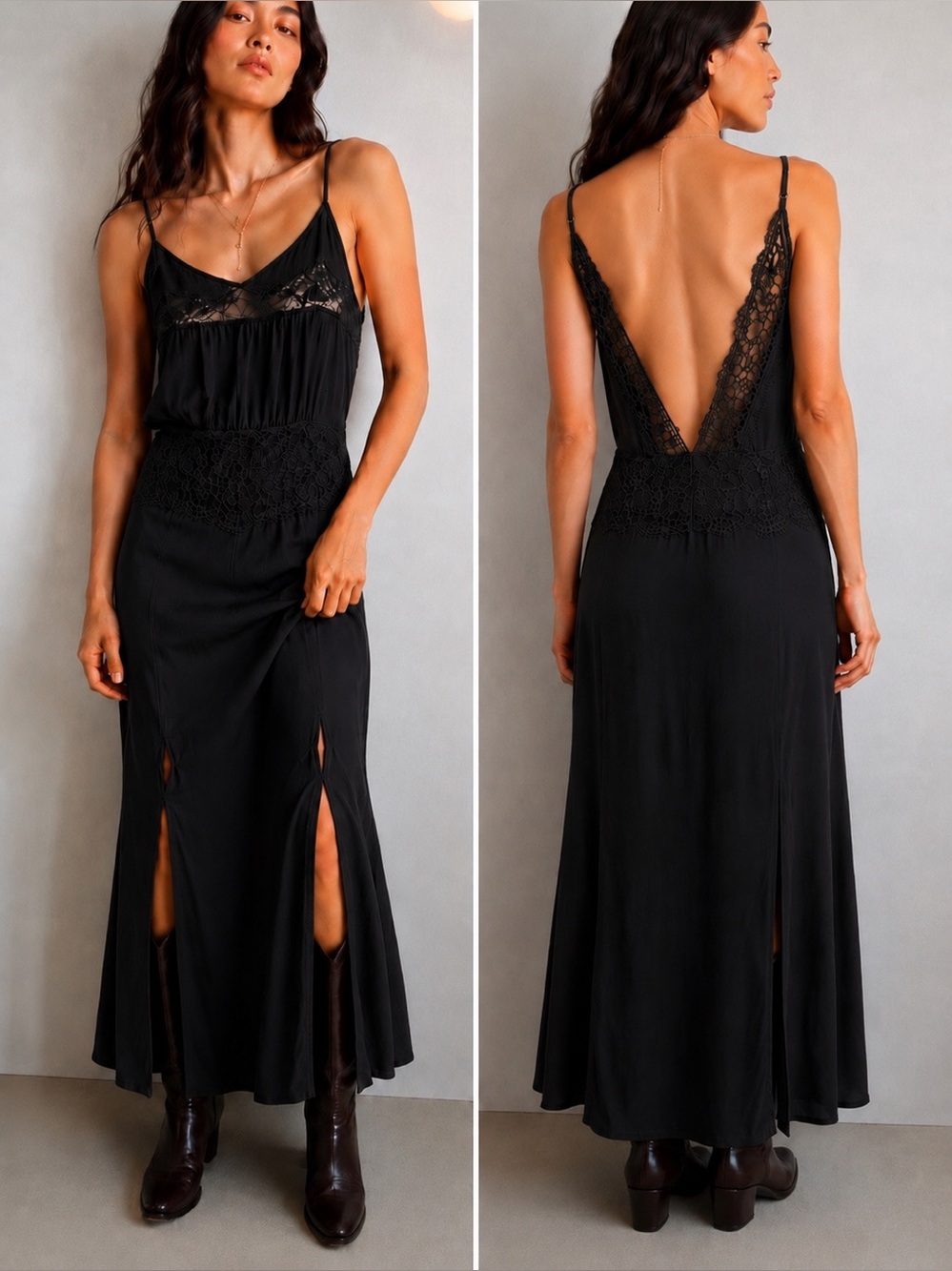 NWOT NU Denmark Black Lace Open Back Maxi Boutique Boho Slip Dress